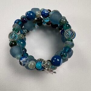 Hand Beaded Coil Statement Bracelet Beachy Turquoise Beads and Mixed Metals